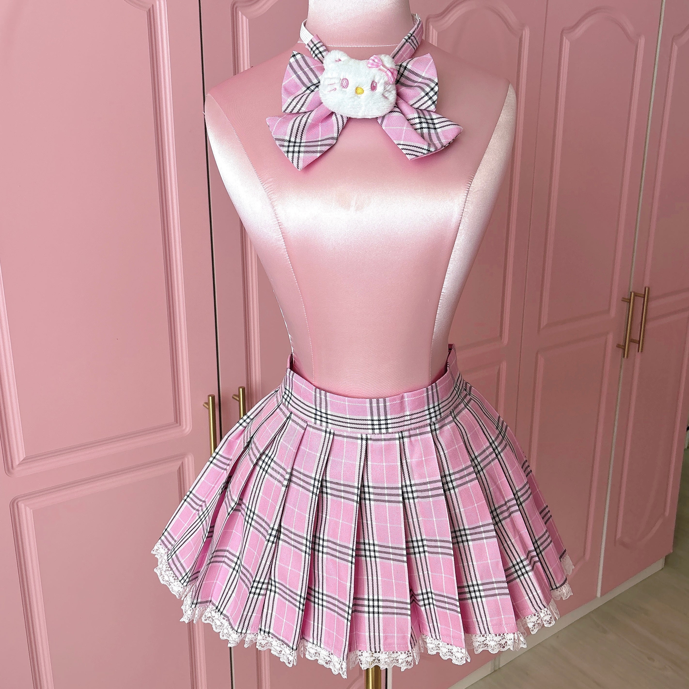 Kitty Academia Plaid Mini Skirt + Bow Tie (Pink)