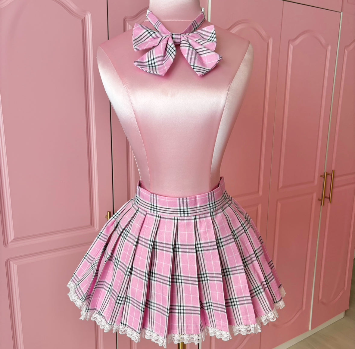 Kitty Academia Plaid Mini Skirt + Bow Tie (Pink)