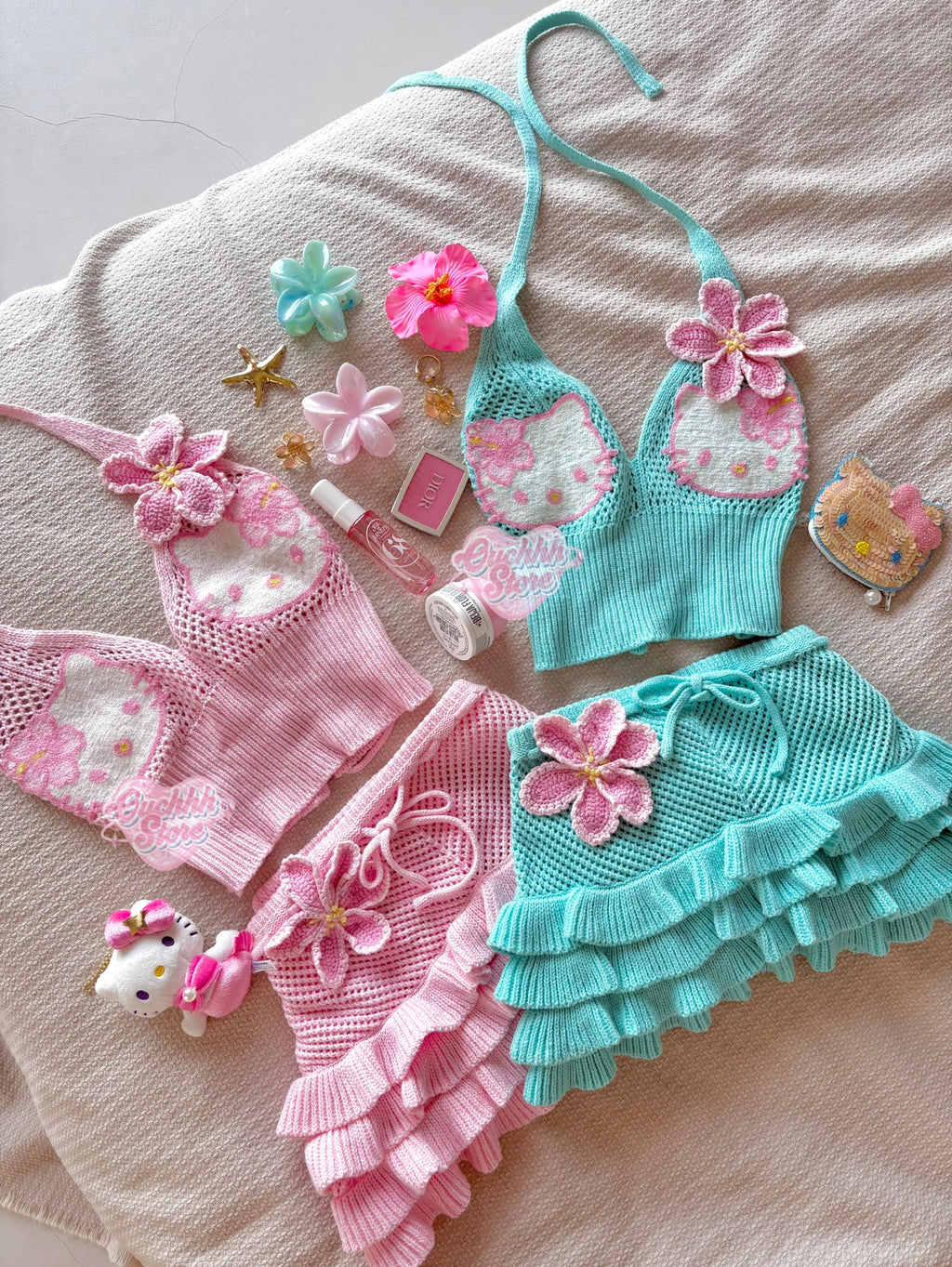 Hibiscus Kitty Crochet Set (Turquoise Blue)