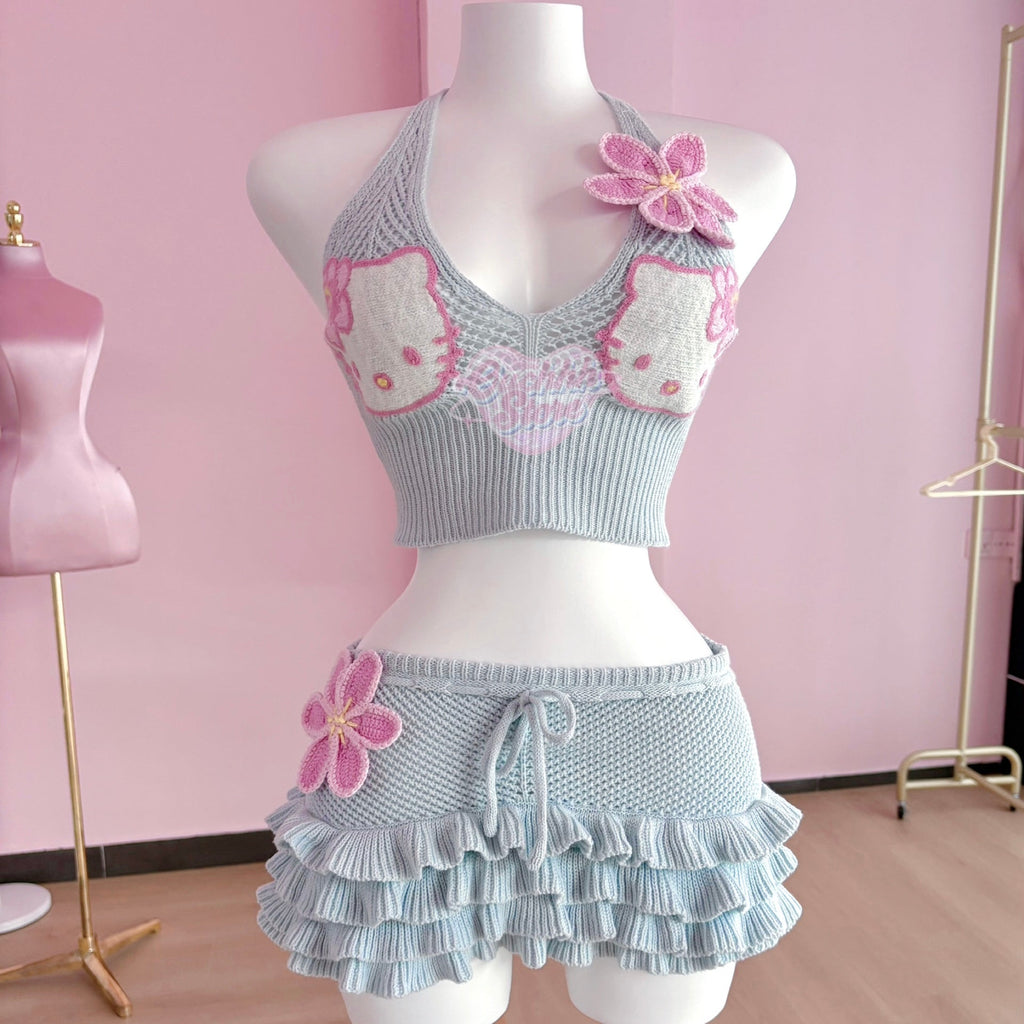Hibiscus Kitty Crochet Set (Baby Blue)