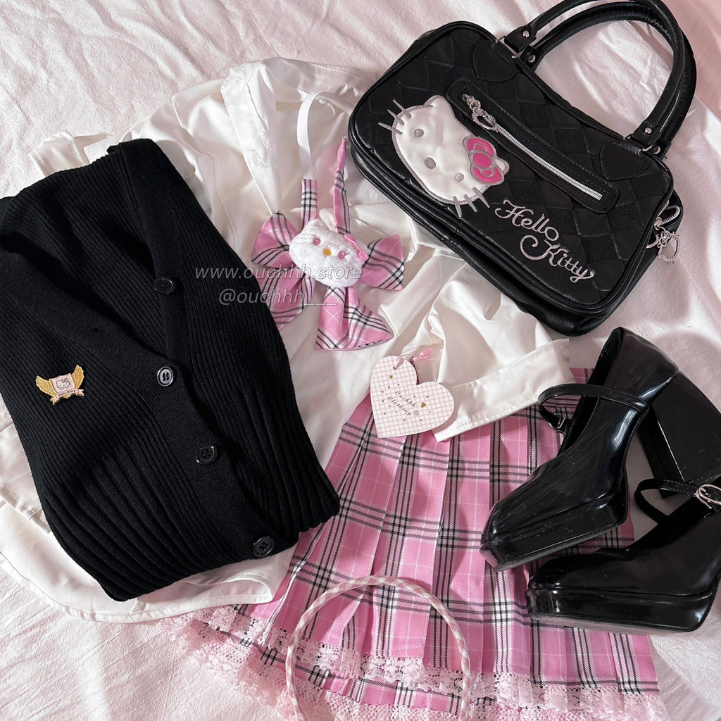 Kitty Academia Plaid Mini Skirt + Bow Tie (Pink)