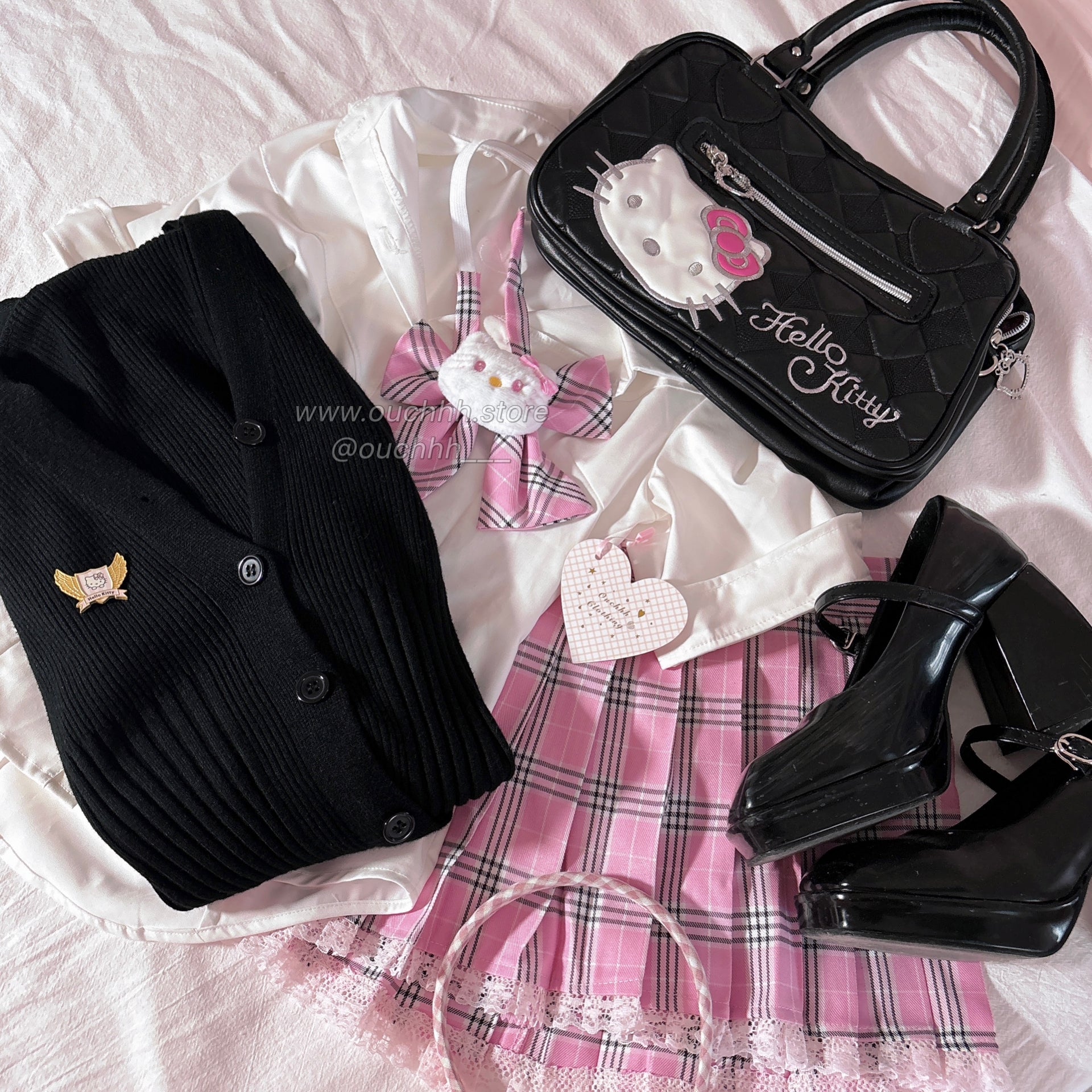 Kitty Academia Plaid Mini Skirt + Bow Tie (Pink)