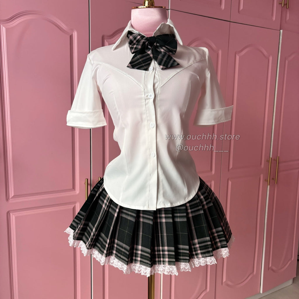 Academia Plaid Mini Skirt + Bow Tie (Dark Green)