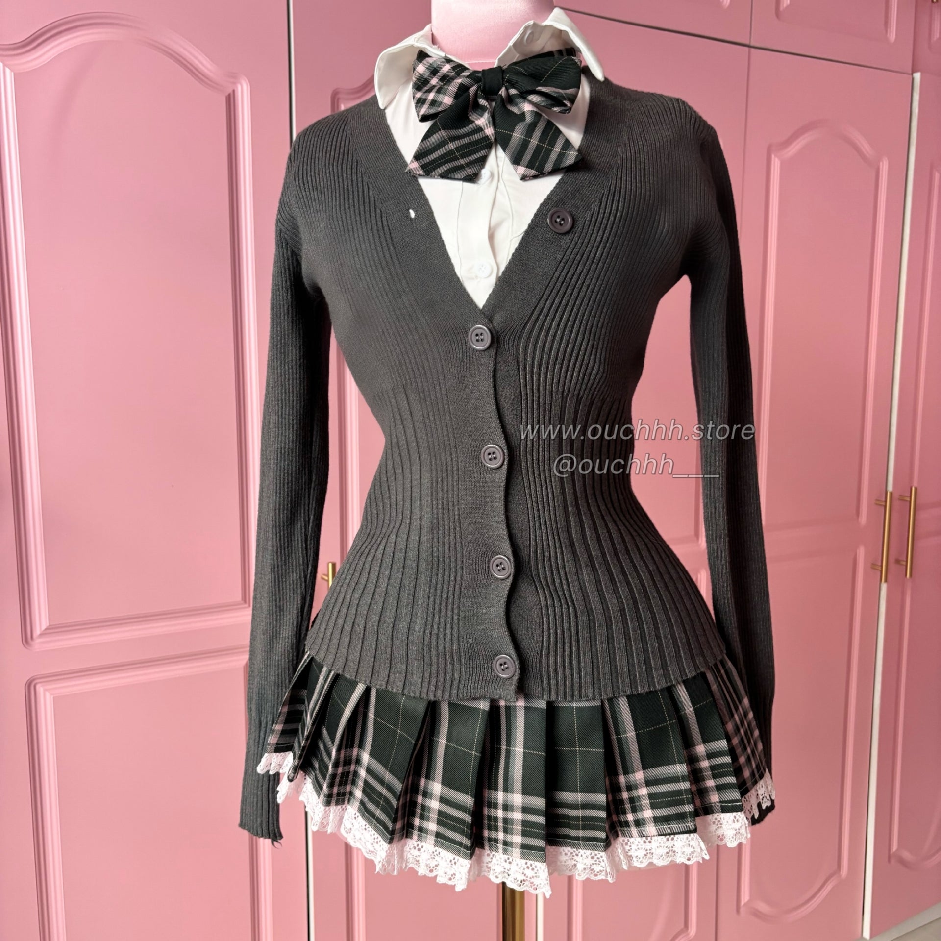 Academia Plaid Mini Skirt + Bow Tie (Dark Green)