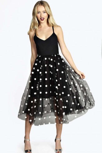 boohoo Boutique Leah polka dot tulle midi dress in black from boohoo.com. Party dresses / evening wear / sheer fashion / monochrome / prom style / full skirt