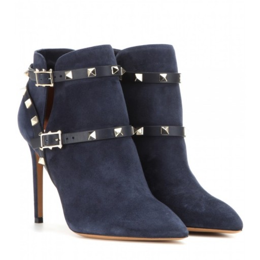 Designer studded boots – VALENTINO Rockstud suede ankle boots in blue. Womens luxury footwear – studs – stiletto heels