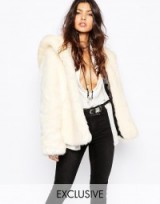 FAUX LONDON fluffy faux fur hooded coat in cream. Winter coats – warm jackets – womens fashion