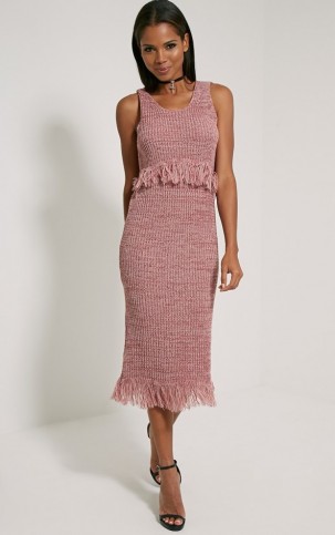 Pretty Little Thing Poesy mauve knitted tassel dress. Womens knitwear | sleeveless midi dresses