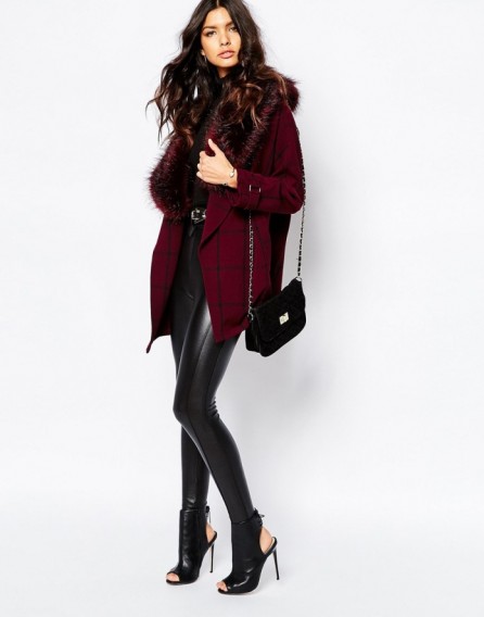 RIVER ISLAND check coat with faux fur collar in oxblood. Winter coats – warm jackets – autumn outerwear – womens fashion