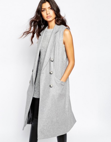 RIVER ISLAND sleeveless crombie coat in grey. Womens coats – autumn outerwear – on-trend fashion – long jackets