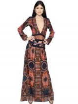 ETRO EMBROIDERED CREPE & BROCADE DRESS. Plunging necklines | low cut neckline | plunge maxi dresses | deep V-neckline