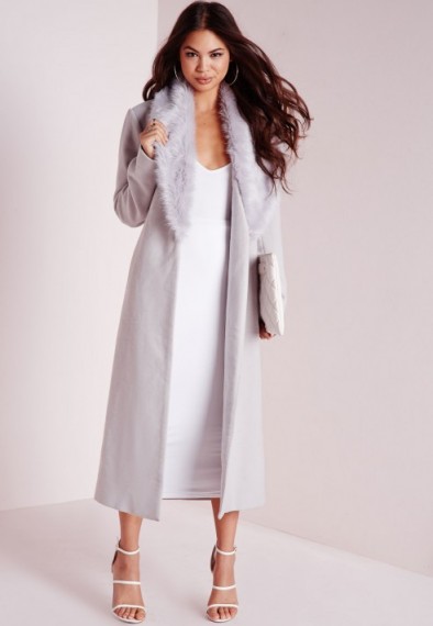 Missguided longline wool coat with faux fur collar grey. Winter outerwear – long coats – warm fashion