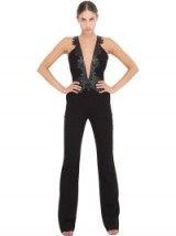 ZUHAIR MURAD COATED MACRAMÉ CADY JUMPSUIT black. Plunging jumpsuits | deep V neckline | plunge necklines | low cut