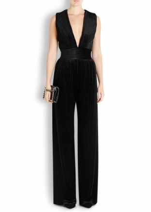 BALMAIN Black pleated velvet jumpsuit – as worn by Khloe Kardashian at a book signing in Los Angeles, 9 November 2015. Celebrity fashion | star style | designer jumpsuits | evening wear | what celebrities wear