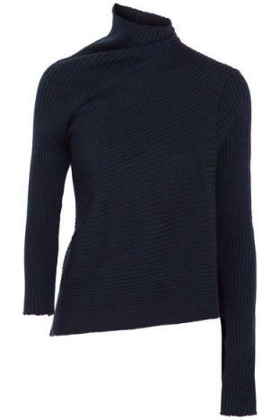 MARQUES’ ALMEIDA Asymmetric ribbed merino wool turtleneck sweater in navy – as worn by Cheryl Fernandez-Versini leaving London’s Fountain studios after the X Factor’s results show, 15 November 2015. Celebrity fashion | star style | what celebrities wear | designer knitted tops