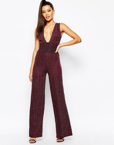 Missguided Metallic Plunge Neck Wide Leg Glamour Jumpsuit in Aubergine. Plunging necklines | evening jumpsuits | party fashion | deep V-neckline