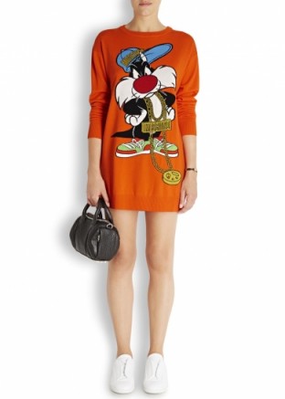 MOSCHINO Sylvester orange intarsia wool dress – as worn by Cheryl Fernandez-Versini posted on Instagram with Reggie and Bollie, November 2015. Celebrity fashion | casual star style | what celebrities wear | cartoon print sweater dresses | Cheryl Cole