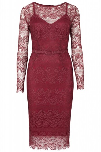 BODY FROCK The Lisa long sleeved lace dress in Berry – as worn by Denise Van Outen at the Merrion Hotel, Dublin, Ireland, 11 November 2015. Celebrity fashion | what celebrities wear | dark red fitted dresses