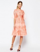 Such a pretty dress…perfect for a summer event. ASOS SALON Lace And Organza Midi Dress Coral. Party dresses – wedding guest – occasion wear – event fashion – evening wear – summer parties