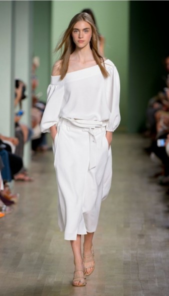 This chic white blouse would go perfectly with Tibi’s plum coloured sequined pants – Tibi DRAPE TWILL OFF-THE-SHOULDER TOP ~ summer tops ~ blouses ~ style ~ fashion