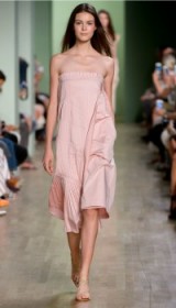 This pale pink strapless dress with asymmetric hemline is perfect for a chic holiday look – Tibi FLAMENCO POPLIN MANUELA DRESS ~ pleated summer dresses ~ pleats ~ sundresses