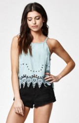 Kendall & Kylie Cutout Embroidered Goddess Neck Tank Top teal. Summer style – camisole tops – holiday fashion – day wear