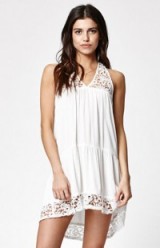 Kendall & Kylie Goddess Neck Crochet Trim Dress white. Summer style – sundresses – day wear – holiday fashion – warm weather clothing