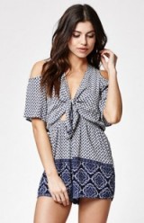 Kendall & Kylie Tie Front Cold Shoulder Romper navy. Summer style – holiday fashion – printed rompers – holiday playsuits – warm weather clothing – day wear