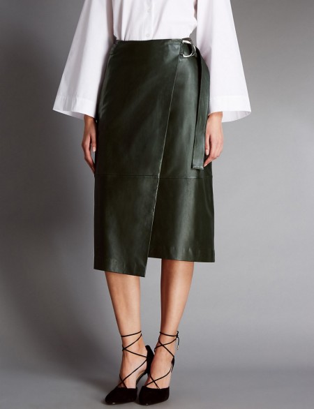 M&S AUTOGRAPH New Leather Belted A-Line Wrap Skirt olive ~ dark green ...