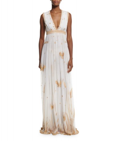 Diane von Furstenberg Vivanette Sleeveless Tulle Gown, Ivory/Gold. Plunge front gowns | plunging occasion dresses | low cut evening wear | long length