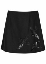 RED VALENTINO Black sequin-embellished mini skirt ~ short luxe skirts ~ sequins ~ designer fashion ~ beautiful Italian clothing ~ A line style ~ bird embellishments ~ chic look