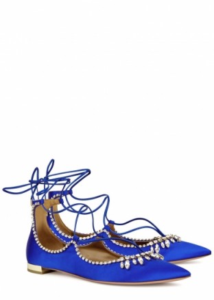 AQUAZZURA Christy blue crystal-embellished satin flats ~ beautiful flat shoes ~ luxe footwear ~ crystals ~ feminine style accessories ~ lace ties