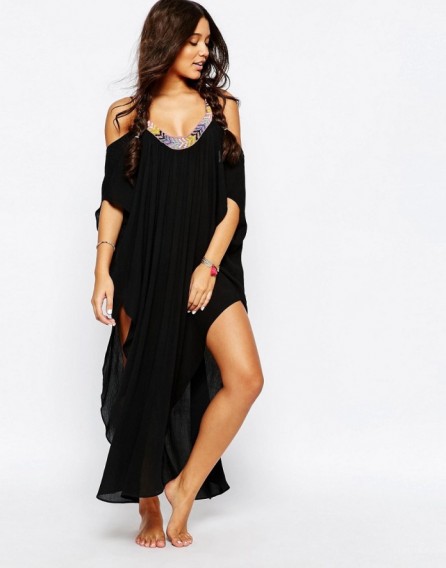 Mara Hoffman Embellished Off The Shoulder Kaftan black ~ Poolside fashion ~ chic beachwear ~ beach clothing ~ holiday cover ups ~ cold shoulder cover up ~ kaftans ~ summer style