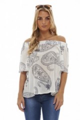 AX Paris PAISLEY PRINT OFF SHOULDER TOP WHITE – summer tops – off the shoulder blouses – feminine style fashion