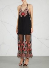 ALICE + OLIVIA Sally black embroidered mesh maxi dress ~ long designer dresses ~ see-through fabric ~ sheer ~ feminine occasion wear ~ chic evening fashion ~ floral embroidery