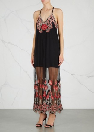 ALICE + OLIVIA Sally black embroidered mesh maxi dress ~ long designer dresses ~ see-through fabric ~ sheer ~ feminine occasion wear ~ chic evening fashion ~ floral embroidery