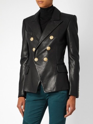 BALMAIN Six-button double-breasted leather jacket black. Luxe