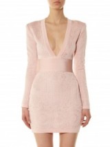 BALMAIN V-neck lace-knit dress light pink. Plunge front mini dresses | luxe occasion wear | luxury party fashion | designer clothing | plunging neckline | deep V necklines | long sleeved fitted bodycon
