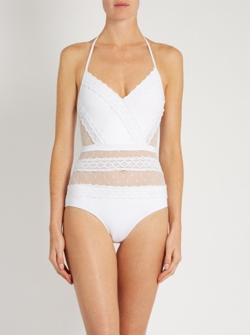 ZIMMERMANN Zephyr lace and mesh insert halterneck swimsuit white ~ semi sheer designer swimwear ~ chic one piece ~ stylish poolside fashion ~ halter neck swimsuits