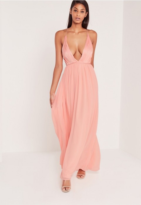 Missguided Carli Bybel Pleated Silky Maxi Dress In Pink Deep V Necklines Plunging Neckline