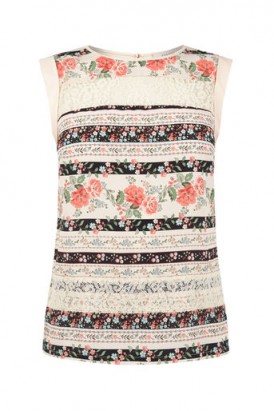 OASIS LACE STRIPE WOVEN FRONT TOP ~ sleeveless floral tops ~ flower print fashion ~ plain back printed front