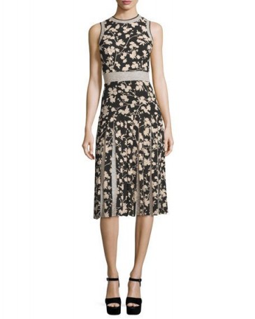 Michael Kors Sleeveless Floral Georgette Black & Tan Pleated Dress With Lace Insets – as worn by Amal Clooney out in NYC, Sept 2016. Celebrity dresses | style icons fashion | chic street style