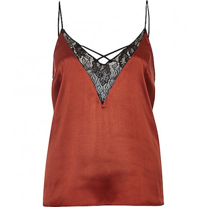 River Island rust lace front cami strap pyjama top. Womens on trend tops | silky camisoles | strappy fashion | clothing trending now | thin spaghetti straps