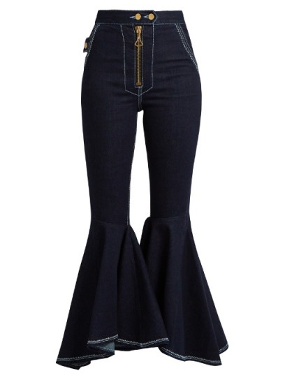 ELLERY Alejandro ruffled-panel cropped jeans ~ statement fashion ~ dark blue denim ~ indigo ~ ruffle hem jeans ~ kick flare ~ high rise