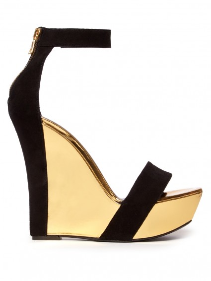 BALMAIN Bi-colour leather and suede wedge sandals. Black and gold ...