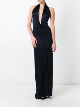 GALVAN Flyover Keyhole halterneck dress in midnight blue – long red carpet style dresses – glamorous halter gowns – plunge front evening fashion – glamorous occasion wear