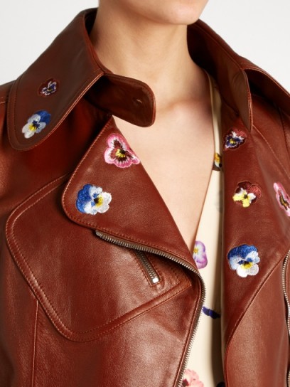 CHRISTOPHER KANE Pansy-embroidered leather jacket in mahogany-brown ~ floral embroidered biker jackets ~ casual luxe