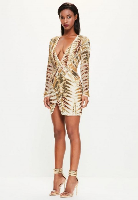 peace + love gold embellished wrap dress