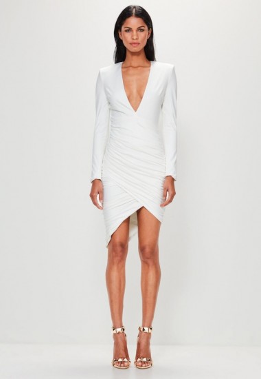 peace + love white plunge ruched assymetric hem midi dress