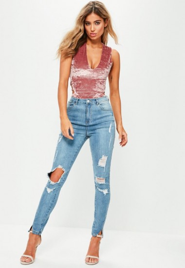 missguided pink open strap back crushed velvet bodysuit | plunge front bodysuits